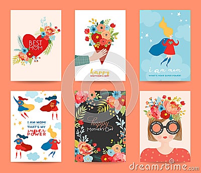 Mothers Day Greeting Card Set. Happy Mother Day Design with Woman Superhero Character and Flowers Bouquet. Floral Spring Banner Vector Illustration