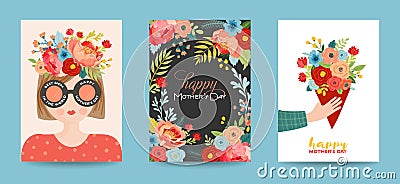 Mothers Day Greeting Card Set. Spring Happy Mother Day Holiday Banner with Flowers and Mom Character with Bouquet for Flyer Poster Vector Illustration