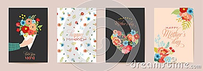 Mothers Day Greeting Card Set. Spring Happy Mother Day Holiday Banner with Flowers, Mom Character Vector Illustration