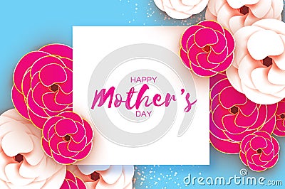 Mothers Day Greeting card. Women`s Day. Paper cut pink gold flower. Origami Beautiful bouquet. Square frame. text. Vector Illustration