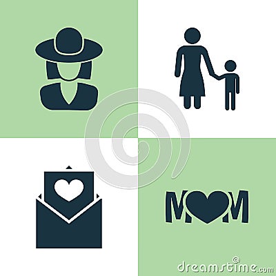 Mothers Day Icon Design Concept. Set Of 4 Such Elements As Hat, Madame And Letter. Beautiful Symbols For Letter Vector Illustration