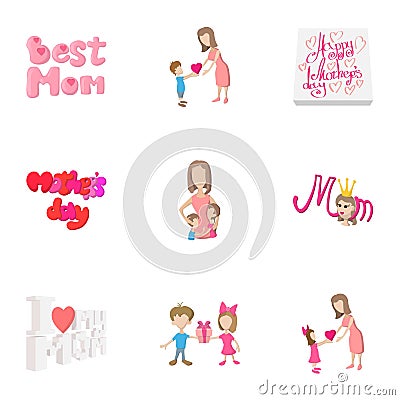 Mothers day icons set, cartoon style Vector Illustration