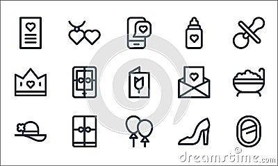 Mothers day line icons. linear set. quality vector line set such as mirror, balloons, pamela hat, shoes, book, crown, letter, Vector Illustration