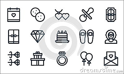 Mothers day line icons. linear set. quality vector line set such as letter, diamond ring, earrings, balloons, gifts, book, Vector Illustration