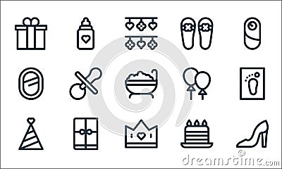 Mothers day line icons. linear set. quality vector line set such as shoes, crown, party hat, cake, book, mirror, balloons, Vector Illustration