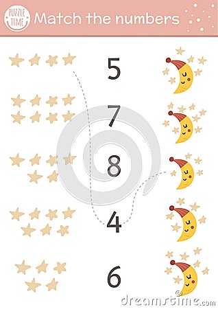 Mothers day matching game with crescent moon and stars. Holiday math good night activity for preschool children. Educational Vector Illustration