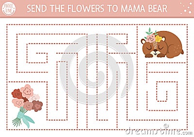 Mothers day maze for children. Holiday preschool printable educational activity. Funny family love game or puzzle with cute animal Vector Illustration