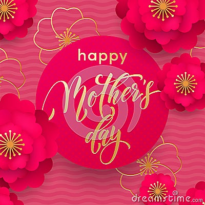 Mothers Day red flower in gold glitter pattern poster and golden text design template for springtime seasonal Mother day holiday g Vector Illustration