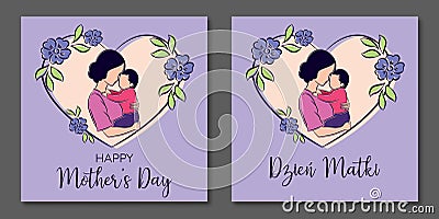 Mothers's Day card. Mother with a child. Linear style. Polish and english version. Stock Photo