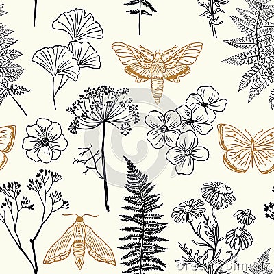 Moths, butterfly and grass seamless pattern. Hand-painted texture with Botanical elements: plants, flowers, grass, berries, fern, Vector Illustration