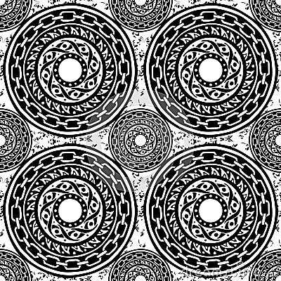 Black and white barbaric circle wheel tribal chain tattoo seamless pattern background Stock Photo