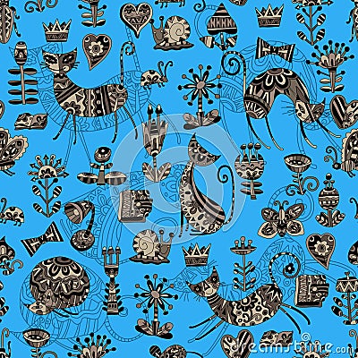 The motif of cats, hearts, insects and flowers. Vector Illustration