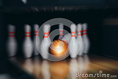 Motion blur of bowling ball and skittles on the playing field Stock Photo