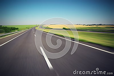 Motion blurred empty highway with green meadow on horizon Stock Photo