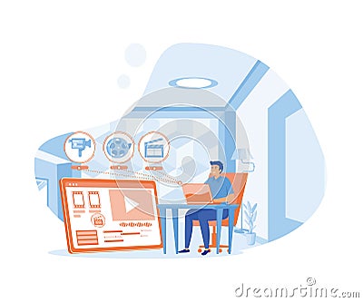 Motion designer animator working on computer creating animated video while sitting at desk. Vector Illustration