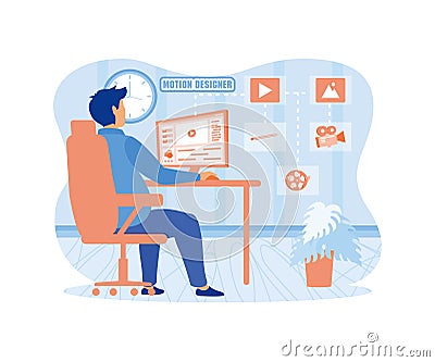 Motion designer animator working on computer creating animated video while sitting at desk. Vector Illustration