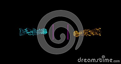 motion graphics abstract 3d particle explosion, fluid animation of colorful dots, black background, cartoon collision Stock Photo