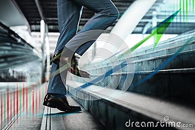 Motion Image. Business Growth, Motivation and Leadership concept. Low Section of Businessman Walking Up on Staircase Stock Photo