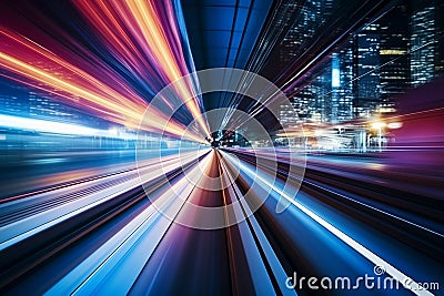 Motion light trails on an MRT track, a high-speed abstract. Stock Photo