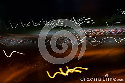 Motion night lights abstract, city traffic trails effect shoot from window car, fast driving movement Stock Photo