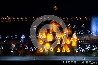 Motion night lights abstract, city traffic trails effect shoot from window car, fast driving movement Stock Photo