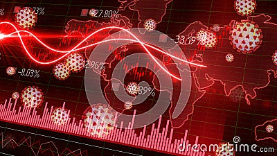 Motion of red candlestick graph volume MACD graph chart of stock market trading with 3D rendering corona virus Stock Photo