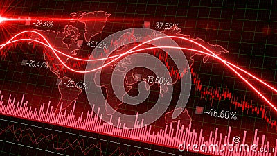 Motion of red candlestick graph volume MACD graph chart of stock market trading with 3D rendering corona virus Stock Photo