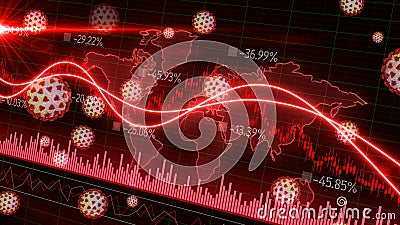 Motion of red candlestick graph volume MACD graph chart of stock market trading with 3D rendering corona virus Stock Photo