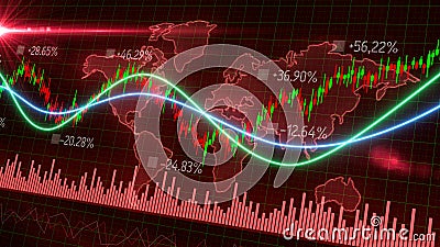 Motion of red green candlestick graph volume MACD graph chart of stock market trading with 3D rendering corona virus Stock Photo