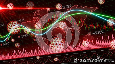 Motion of red green candlestick graph volume MACD graph chart of stock market trading with 3D rendering corona virus Stock Photo