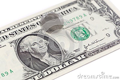 Motion spinning China coin on one US dollar bill, Chinese and US Stock Photo