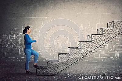 Motivated and confident young woman hurry to climb a imaginative staircase. Concept of career development, success and goal Stock Photo