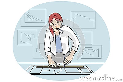 Woman architect draw on paper develop project Vector Illustration