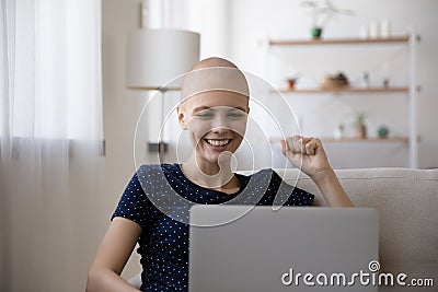 Motivated woman cancer patient encourage sick friend by video call Stock Photo