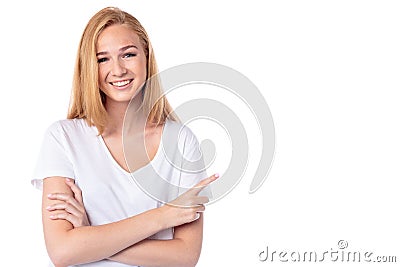 Motivated woman pointing to blank copyspace Stock Photo