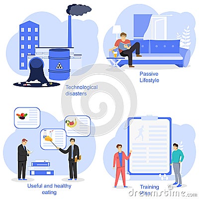 Motivating people to take action, technology disaster concept, passive lifestyle, exercise plan. set of motivational Vector Illustration