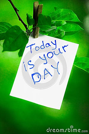 Motivating phrase today is your day. On a green background on a branch is a white paper with a motivating phrase. Stock Photo