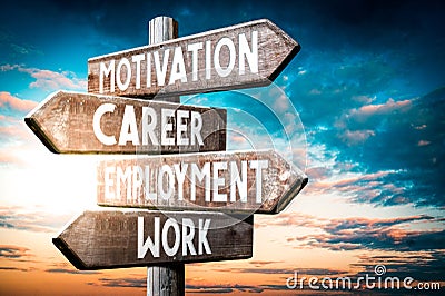 Motivation, career, employment, work - wooden signpost, roadsign with four arrows Stock Photo