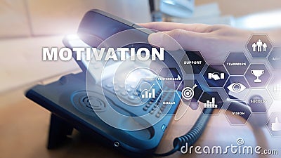Motivation concept with business elements. Business team. Financial concept on blurred background. Mixed media. Stock Photo