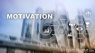 Motivation concept with business elements. Business team. Financial concept on blurred background. Mixed media Stock Photo