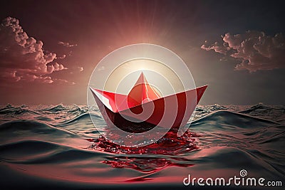 Motivation, determination and courage concept with lonely paper ship on the high seas. Created with Generative AI technology Stock Photo