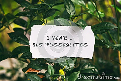 Inspirational quotes - 1 year = 365 possibilities. Blurry background Stock Photo