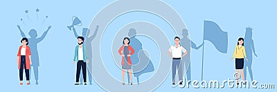 Motivation leader. Confidence and bravery fearless female and male characters. Abstract powerful people shadows Vector Illustration