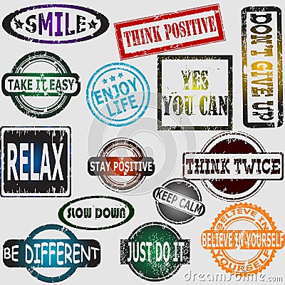 Motivation and positive thinking messages rubber stamps set Vector Illustration