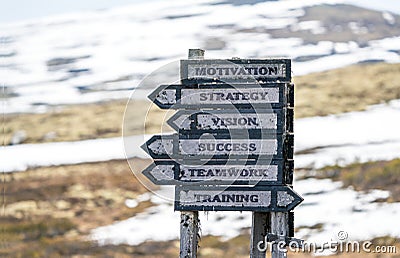 Motivation strategy vision success teamwork training signpost outdoors Stock Photo