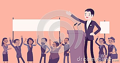 Motivational business speech, inspiring charismatic male leader Vector Illustration