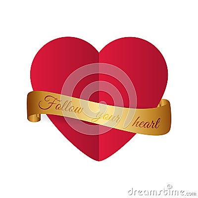 Motivational design. Paper cut style red heart with golden ribbo Vector Illustration