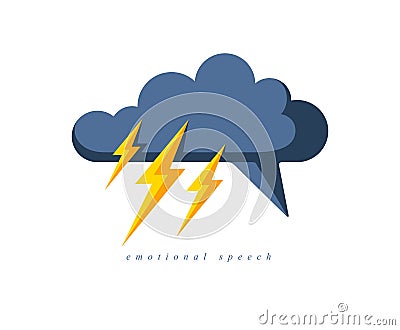 Motivational emotional speech vector concept shown with speech bubble in shape of cloud and lightning bolt, touching monolog, Vector Illustration