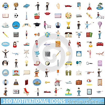 100 motivational icons set, cartoon style Vector Illustration