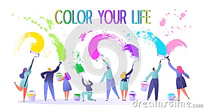 Motivational illustration on life changing theme. They calling to live a full, bright life. Little, flat, people characters paints Vector Illustration